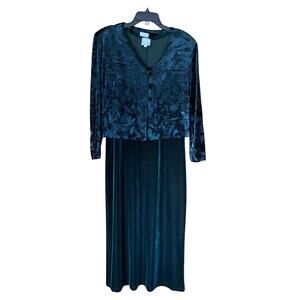 Vintage 90s Burnout Velvet Maxi Dress w/ Jacket Green 10P Holiday Party Y2K Goth